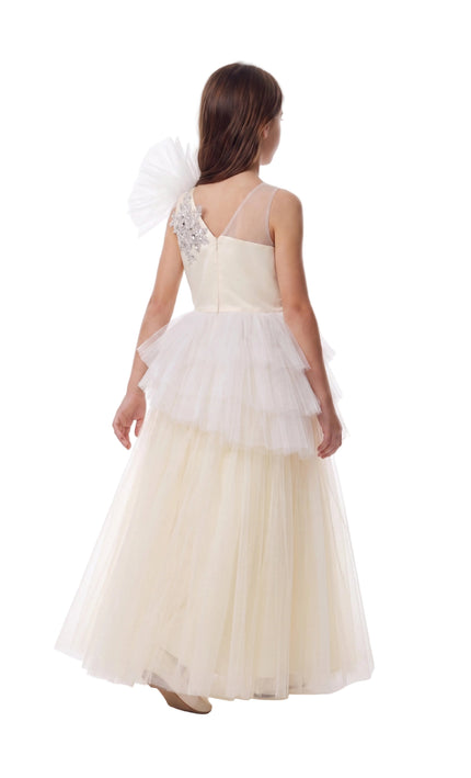kids atelier tulleen Cream Mirabelle One-Shoulder Embellished Gown