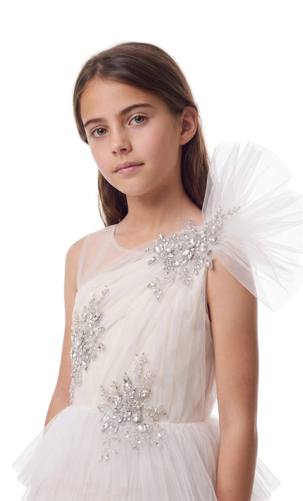 kids atelier tulleen Cream Mirabelle One-Shoulder Embellished Gown