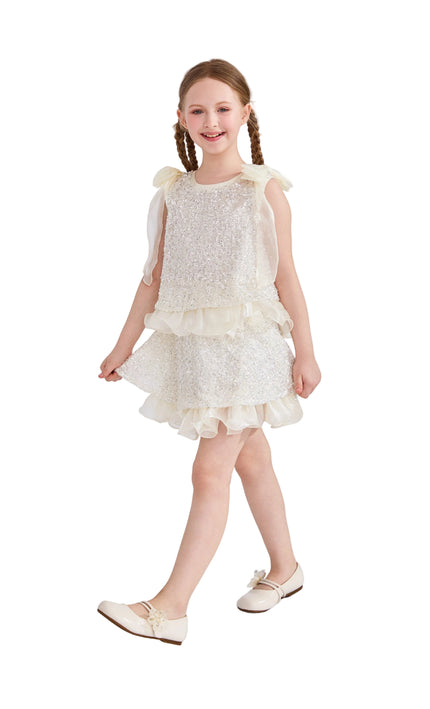 kids atelier tulleen Ivory Althea Glitter Ruffle Skirt Set