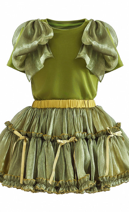 kids atelier tulleen Green Gold Valora Ruffle Skirt Set