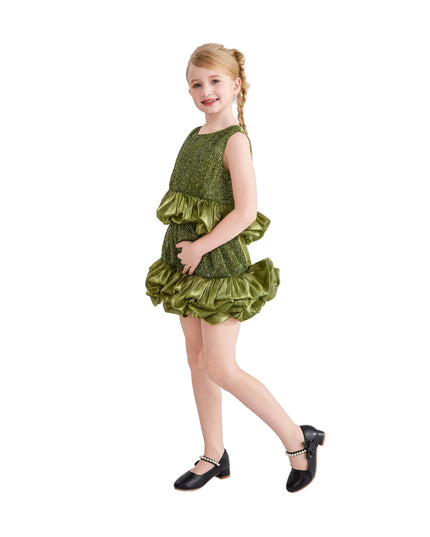 kids atelier tulleen Green Evadelle Satin Ruffle Skirt Set