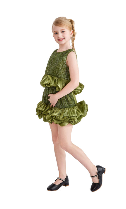 kids atelier tulleen Green Evadelle Satin Ruffle Skirt Set