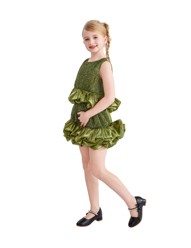 kids atelier tulleen Green Evadelle Satin Ruffle Skirt Set