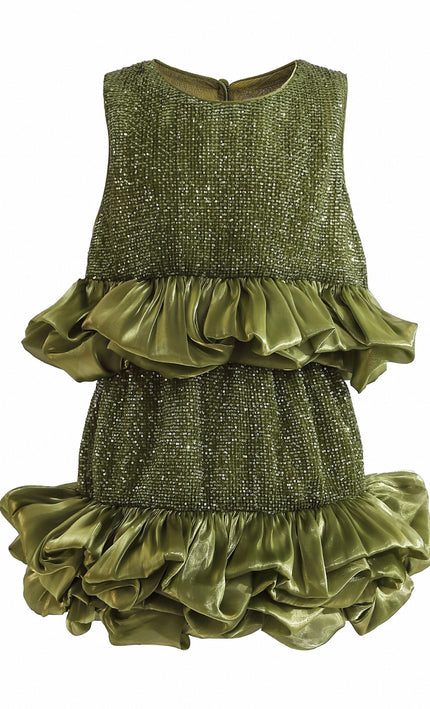 kids atelier tulleen Green Evadelle Satin Ruffle Skirt Set