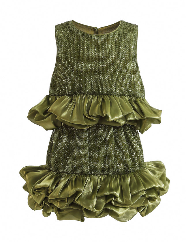 kids atelier tulleen Green Evadelle Satin Ruffle Skirt Set