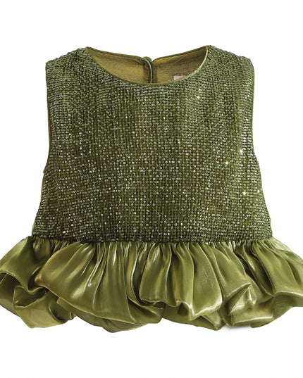 kids atelier tulleen Green Evadelle Satin Ruffle Skirt Set