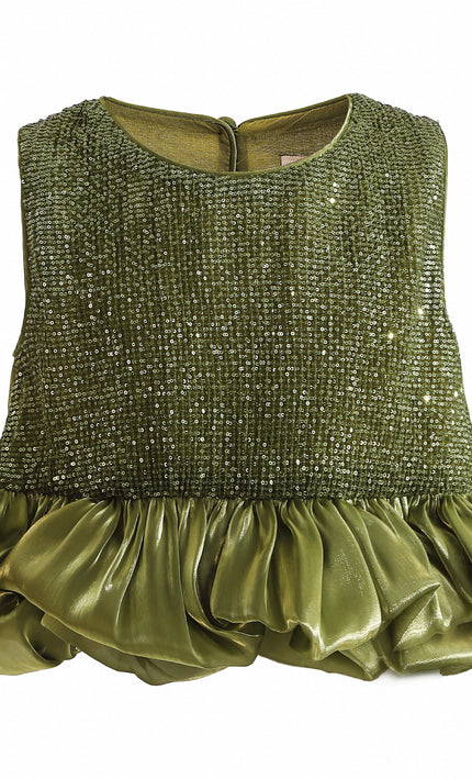 kids atelier tulleen Green Evadelle Satin Ruffle Skirt Set