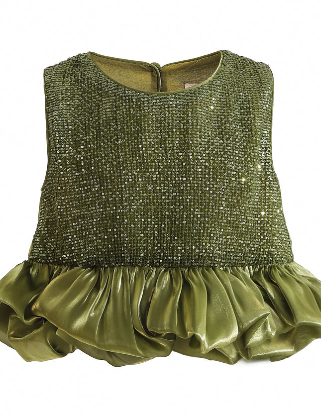 kids atelier tulleen Green Evadelle Satin Ruffle Skirt Set