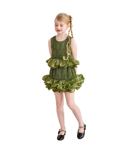 kids atelier tulleen Green Evadelle Satin Ruffle Skirt Set