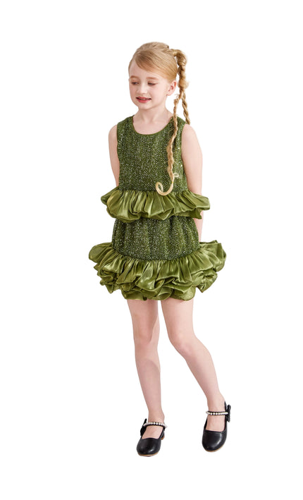 kids atelier tulleen Green Evadelle Satin Ruffle Skirt Set