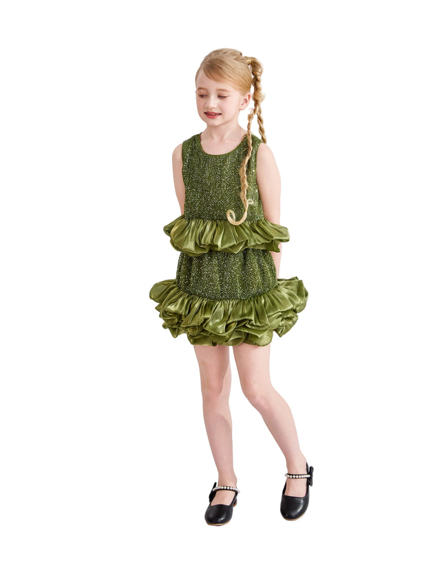 kids atelier tulleen Green Evadelle Satin Ruffle Skirt Set