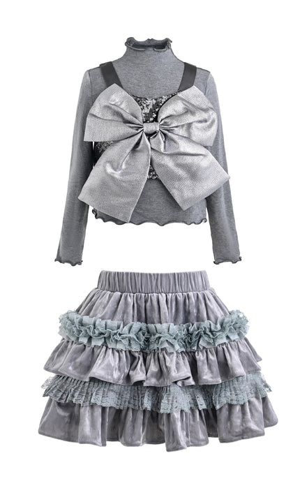 kids atelier tulleen Gray Melina Bow Ruffle Set