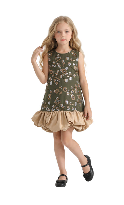 kids atelier tulleen Olive Veronica Embroidered Ruffle Dress