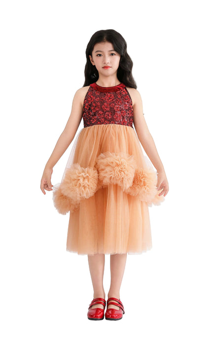 kids atelier tulleen Peach Tulle Pom-Pom Dress
