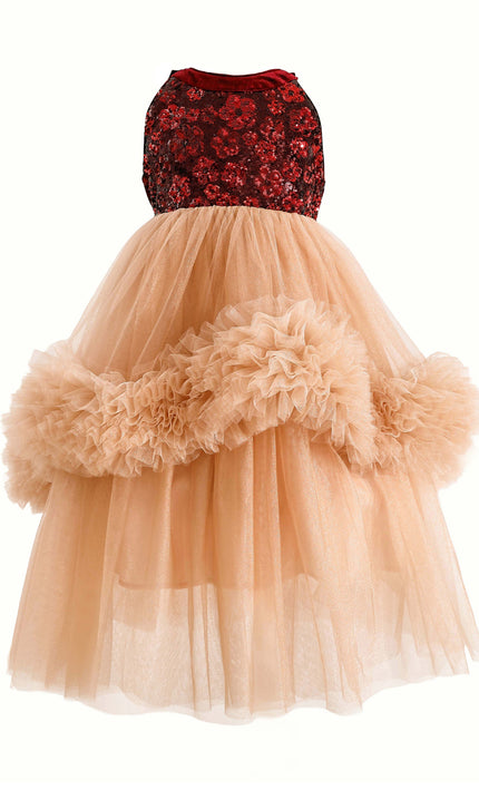 kids atelier tulleen Peach Tulle Pom-Pom Dress