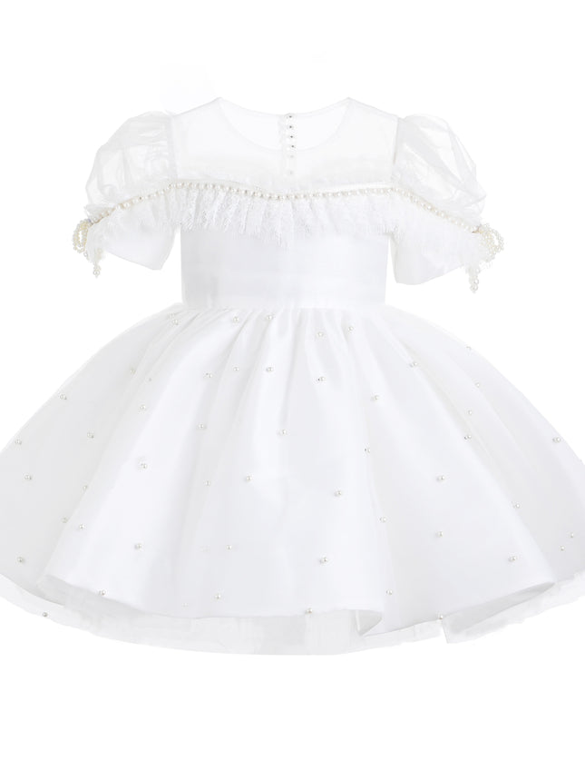 kids atelier tulleen White Valencia Pearl Trim Dress