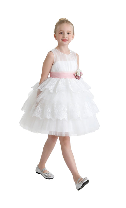 kids atelier tulleen White Divinia Lace & Pink Sash Dress