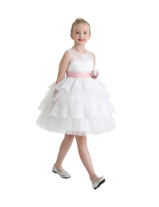 kids atelier tulleen White Divinia Lace & Pink Sash Dress