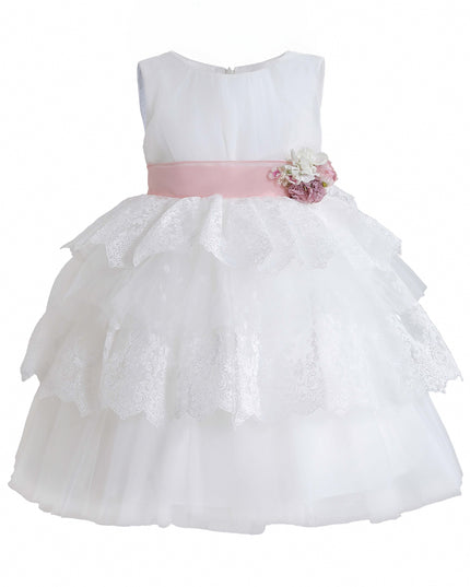 kids atelier tulleen White Divinia Lace & Pink Sash Dress