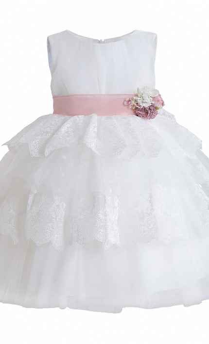 kids atelier tulleen White Divinia Lace & Pink Sash Dress
