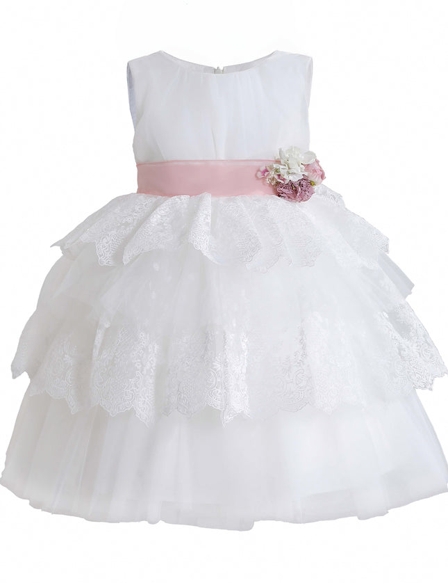 kids atelier tulleen White Divinia Lace & Pink Sash Dress