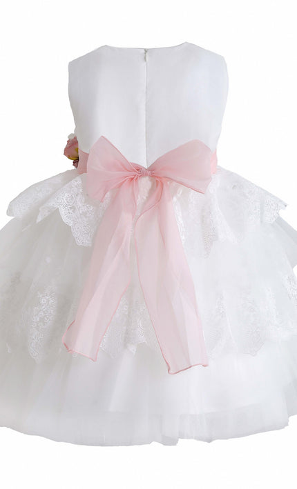 kids atelier tulleen White Divinia Lace & Pink Sash Dress