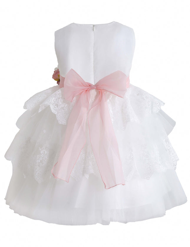 kids atelier tulleen White Divinia Lace & Pink Sash Dress