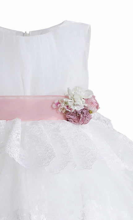 kids atelier tulleen White Divinia Lace & Pink Sash Dress