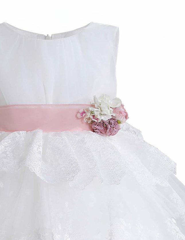 kids atelier tulleen White Divinia Lace & Pink Sash Dress