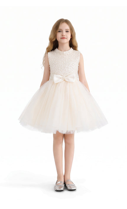 kids atelier tulleen Cream Ariette Pearl Bow Tulle Dress