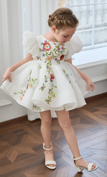 kids atelier tulleen White Embroidered Puff Sleeve Dress