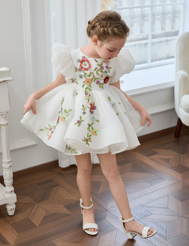 kids atelier tulleen White Embroidered Puff Sleeve Dress