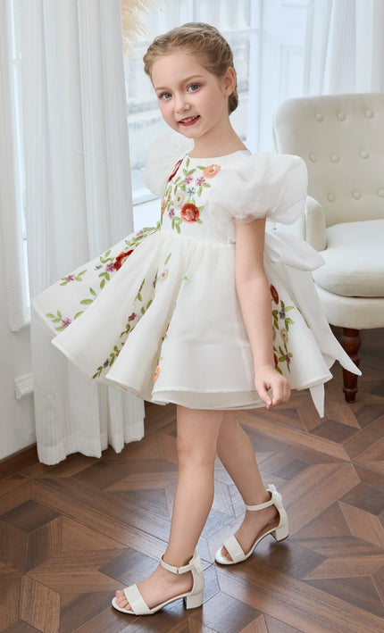 kids atelier tulleen White Embroidered Puff Sleeve Dress