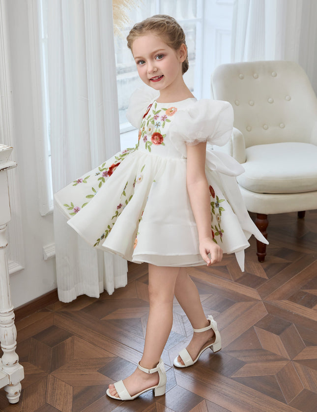 kids atelier tulleen White Embroidered Puff Sleeve Dress