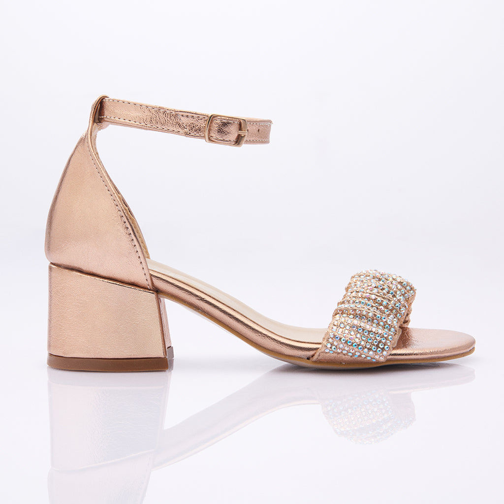 Rose Gold Glitter Ankle Block Heel Sandals | Azazie