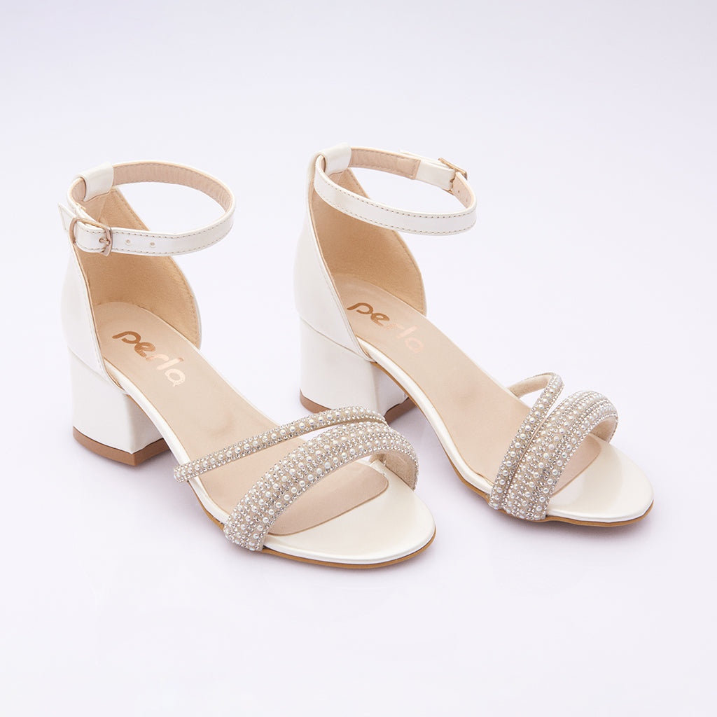 3D Embellished Block Heel Pearl Flower Wedding Shoes